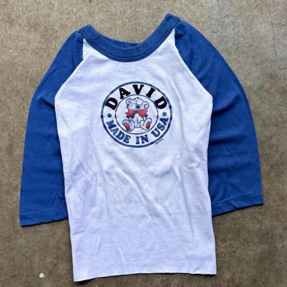 Vintage 80s David Teddy Bear Made In USA white & blue tee Size youth small
